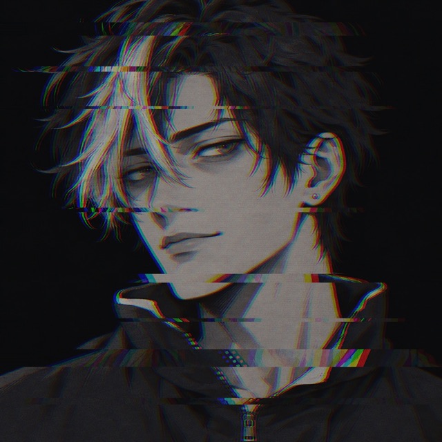 cooked, drawn in ink and cel: short black hair with one ash-white forelock, half-lidded eyes, a charcoal jacket with the collar up