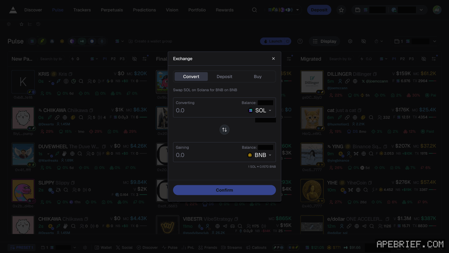 Axiom's Exchange panel on its Convert tab, nothing entered, nothing converted. Balances masked.