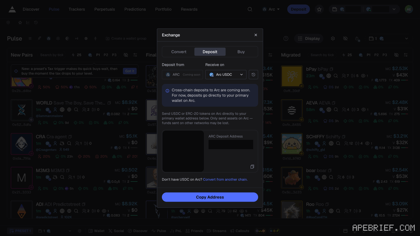 Axiom's Deposit panel with Arc picked in the chain selector: the Deposit from and Receive on pickers and what the panel asks you to send. Address, QR code and balances masked.