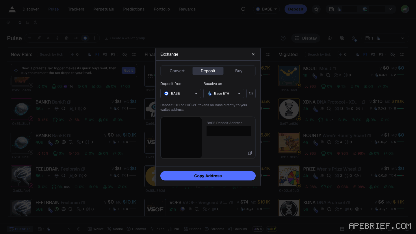 Axiom's Deposit panel with Base picked in the chain selector: the Deposit from and Receive on pickers and what the panel asks you to send. Address, QR code and balances masked.