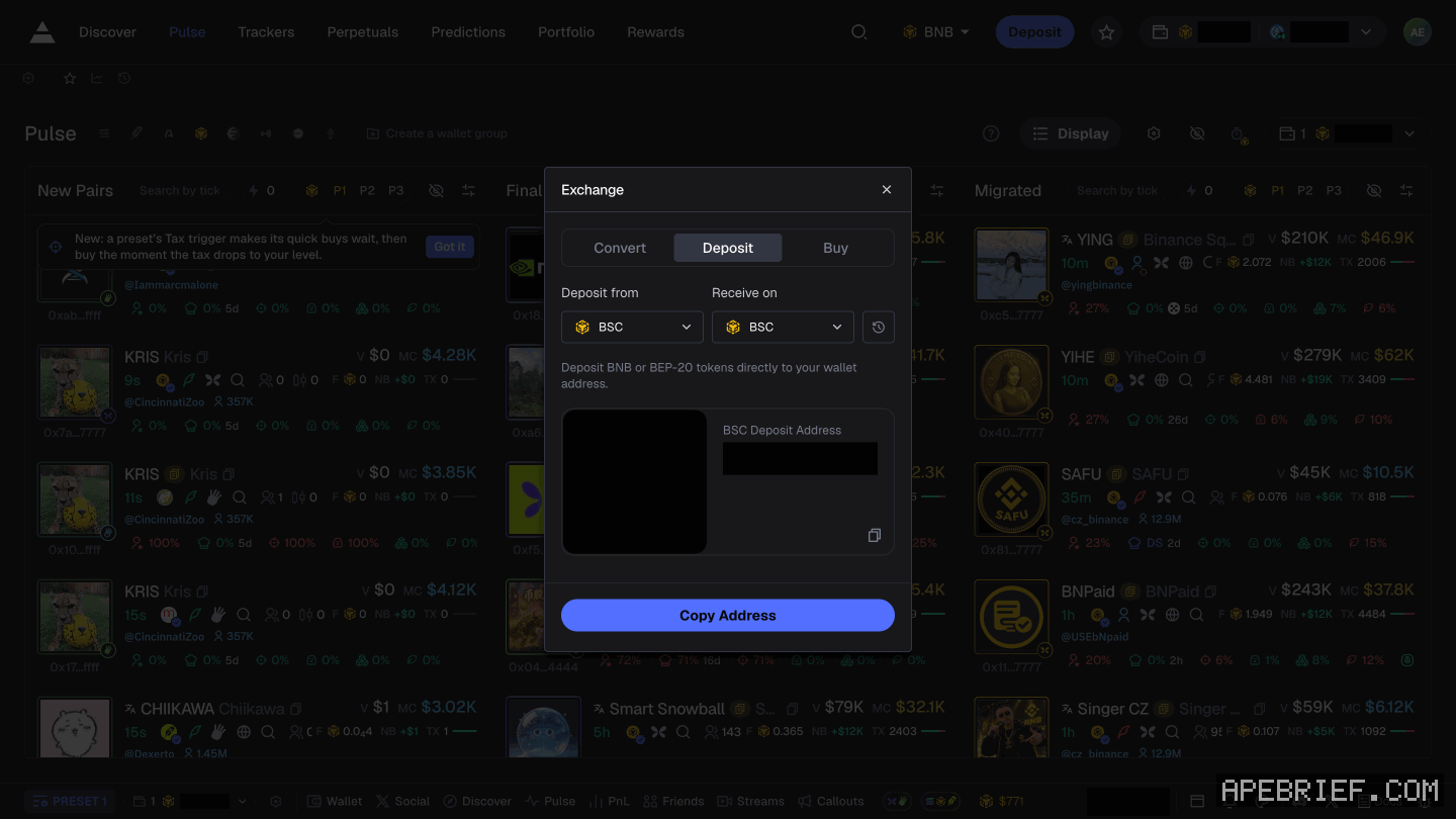 Axiom's Deposit panel with BNB picked in the chain selector: the Deposit from and Receive on pickers and what the panel asks you to send. Address, QR code and balances masked.