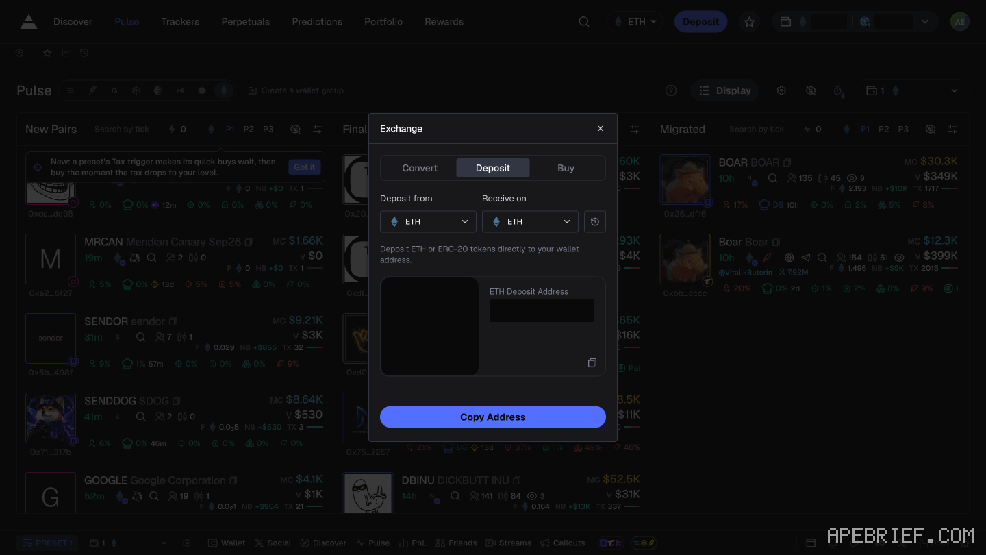 Axiom's Deposit panel with Ethereum picked in the chain selector: the Deposit from and Receive on pickers and what the panel asks you to send. Address, QR code and balances masked.