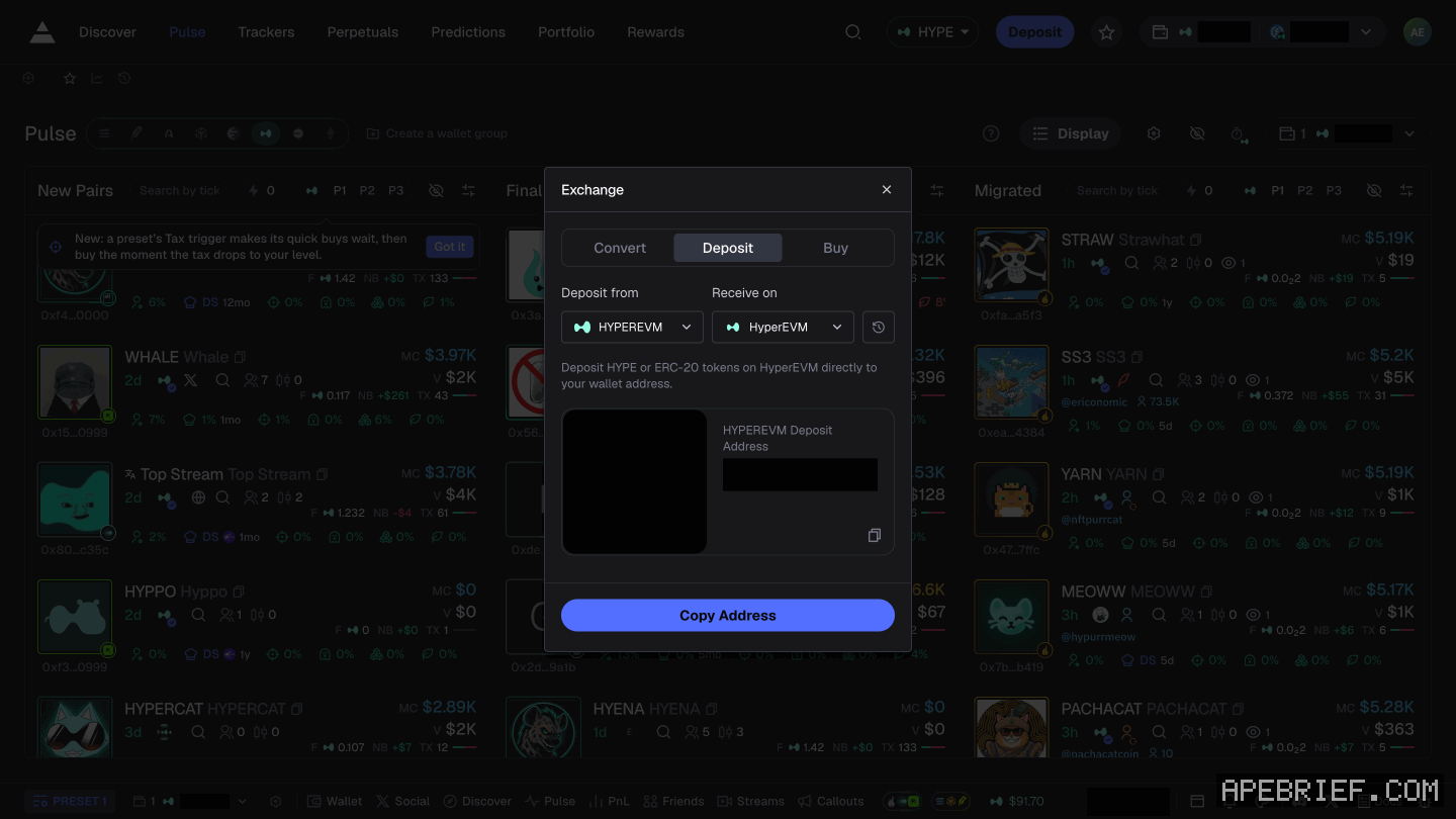 Axiom's Deposit panel with HYPE picked in the chain selector: the Deposit from and Receive on pickers and what the panel asks you to send. Address, QR code and balances masked.