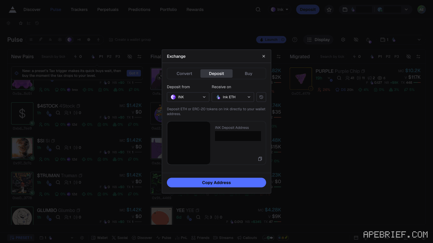 Axiom's Deposit panel with Ink picked in the chain selector: the Deposit from and Receive on pickers and what the panel asks you to send. Address, QR code and balances masked.