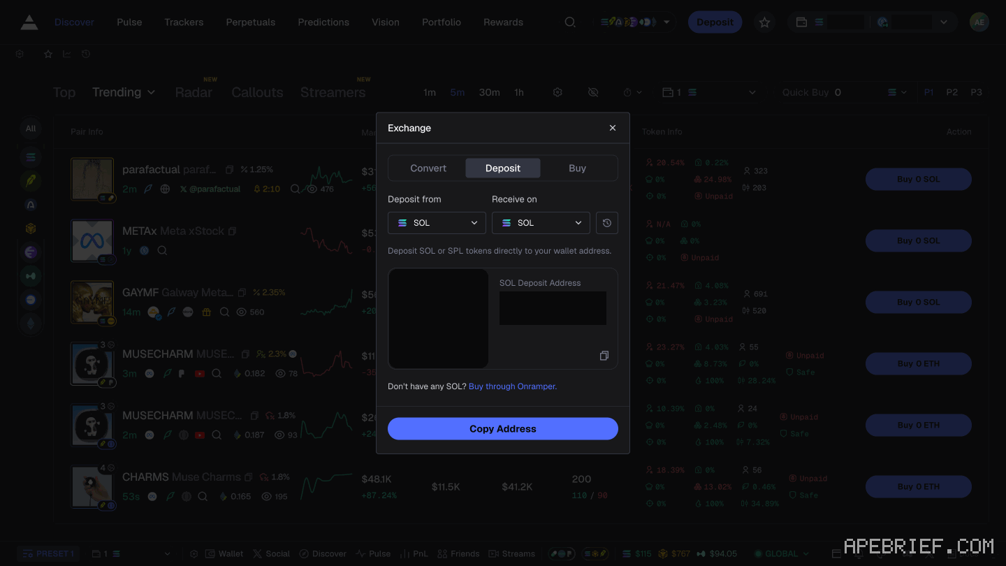 Axiom's Exchange panel, opened from the Deposit button: Convert, Deposit and Buy tabs, and a Buy through Onramper link.