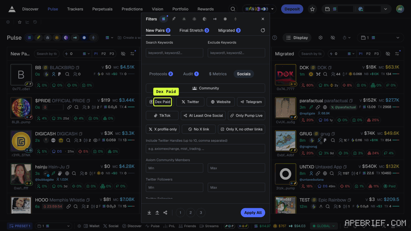 Axiom's Pulse filters on the Socials tab, signed in, nothing applied: callout on the Dex Paid option beside Twitter and Website.
