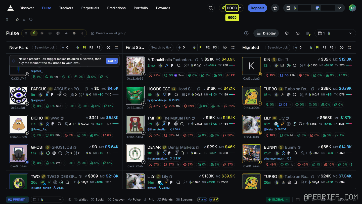 Axiom's Pulse with only Robinhood Chain switched on: the header chain button reads HOOD, and the three columns list tokens quoted in ETH.
