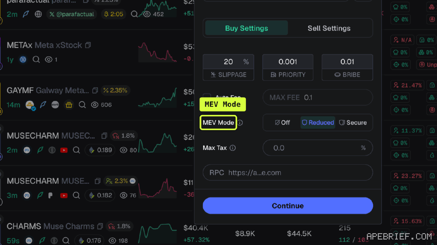 Axiom's Trading Settings, callout on MEV Mode, with its three options Off, Reduced and Secure, Reduced selected.