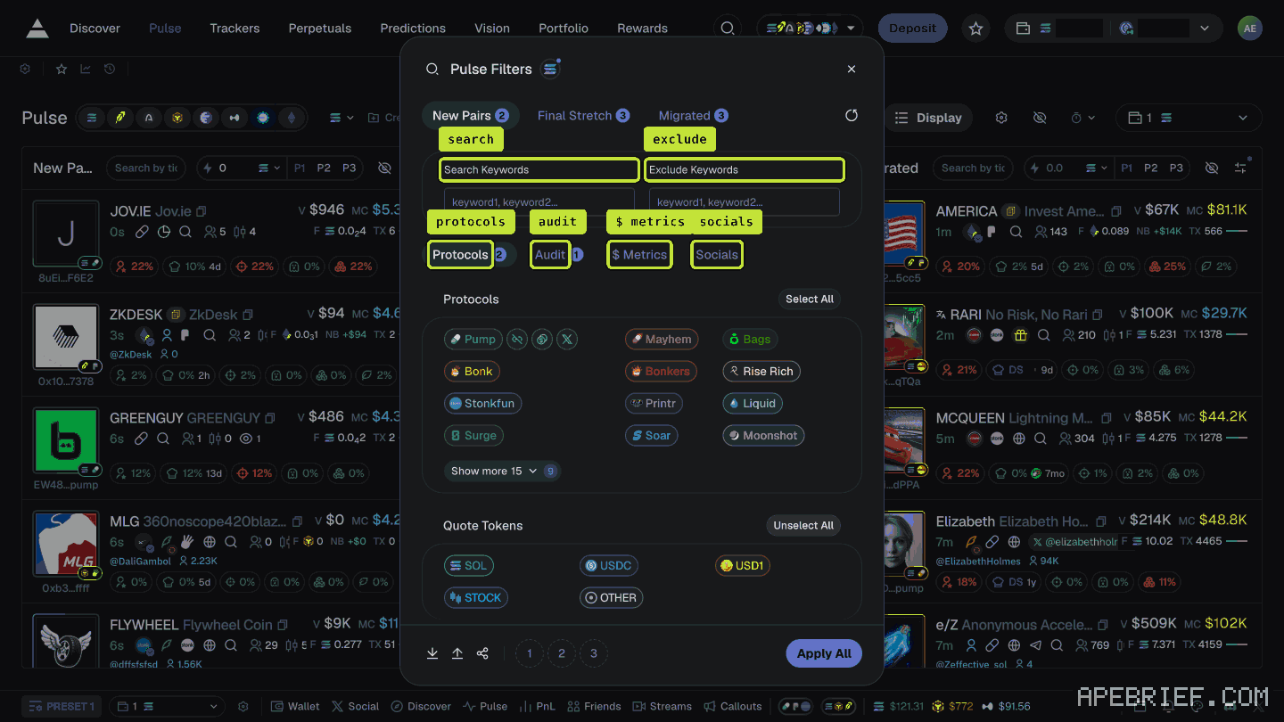 Axiom's Pulse Filters panel on New Pairs, labelled: search and exclude keyword boxes, then the Protocols, Audit, $ Metrics and Socials tabs, with the protocol and quote-token lists below and Apply All at the foot. Balances masked.