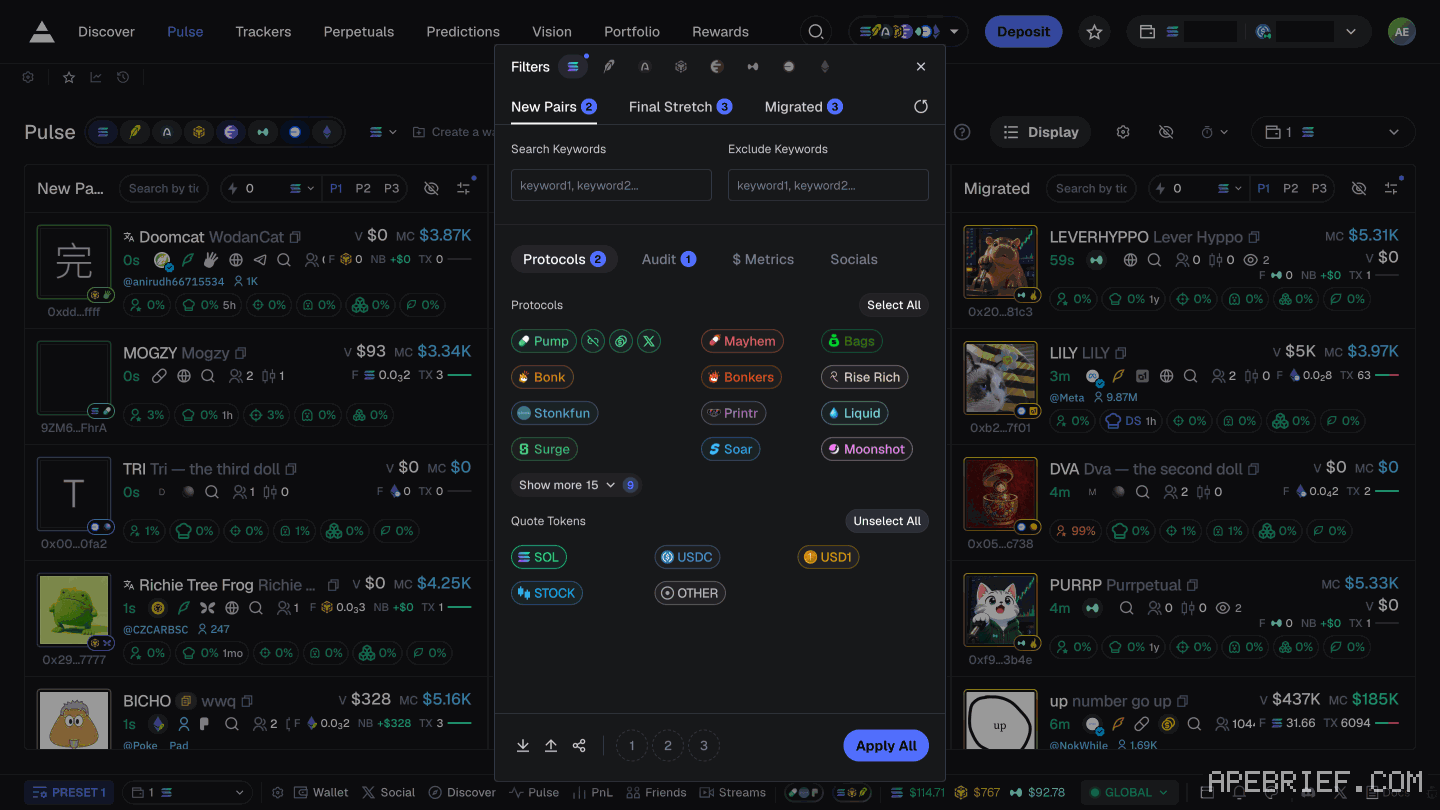 Pulse's Filters panel open on New Pairs, Protocols tab: tabs for New Pairs, Final Stretch and Migrated, keyword boxes, the protocol list, Quote Tokens SOL, USDC, USD1, STOCK and OTHER, and Apply All.