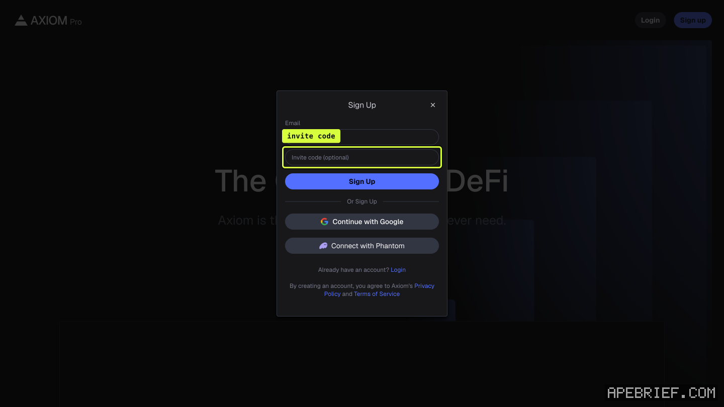 Axiom's Sign Up box, callout on the text field labelled Invite code (optional), under Email and above Continue with Google.
