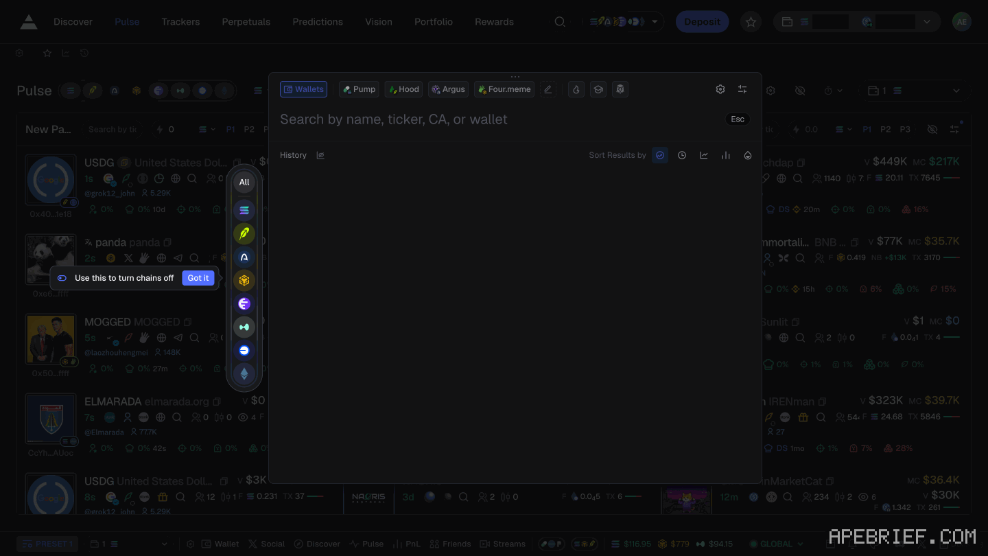 Axiom's search window opened from the magnifier in the header: a field reading Search by name, ticker, CA, or wallet, an empty History list and a chain picker down the left. Our wallet balances are masked.