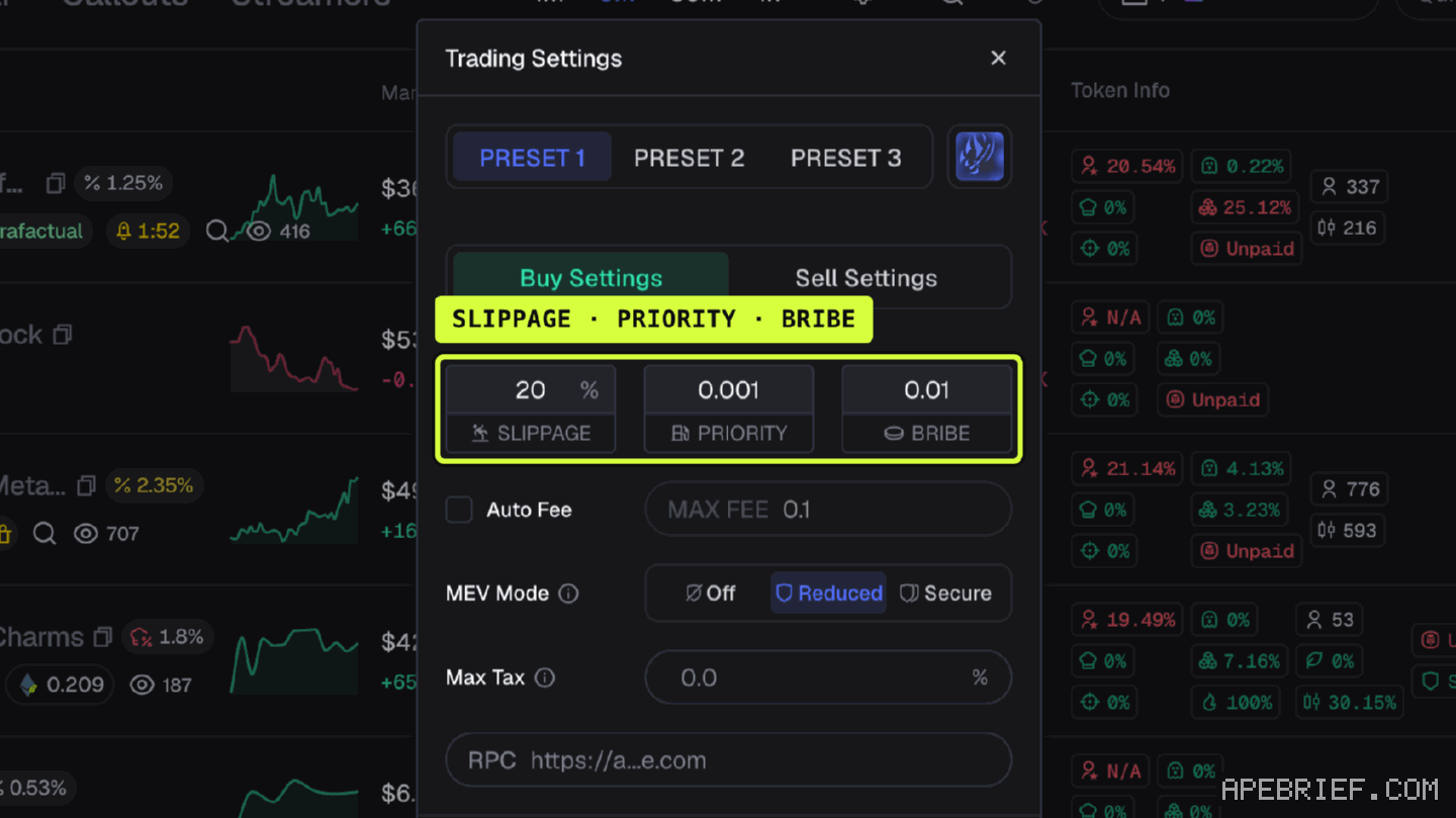 Axiom's Trading Settings on Preset 1, callout on the SLIPPAGE, PRIORITY and BRIBE fields, set to 20%, 0.001 and 0.01.