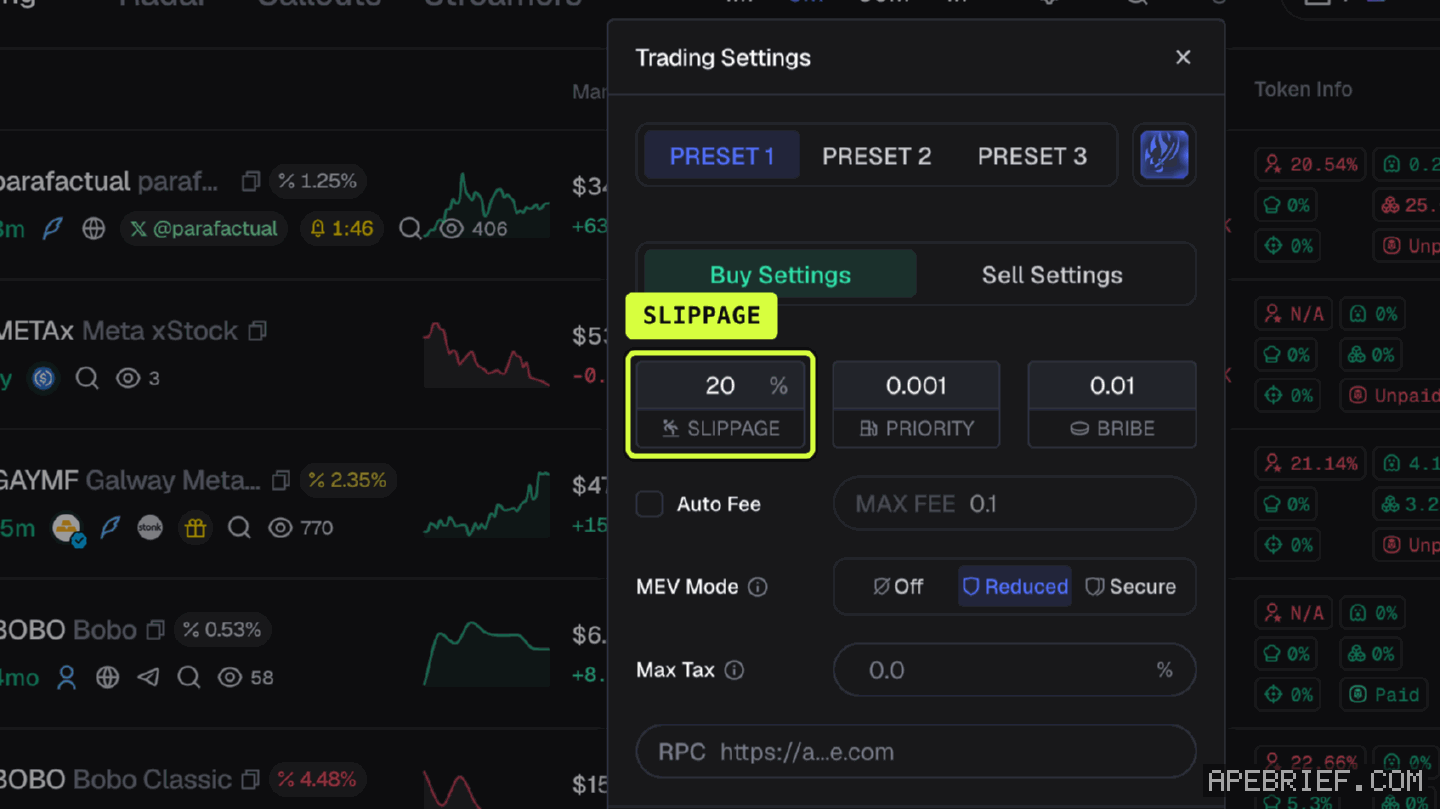 Axiom's Trading Settings on Preset 1, callout on the SLIPPAGE field at 20%, beside PRIORITY 0.001 and BRIBE 0.01.