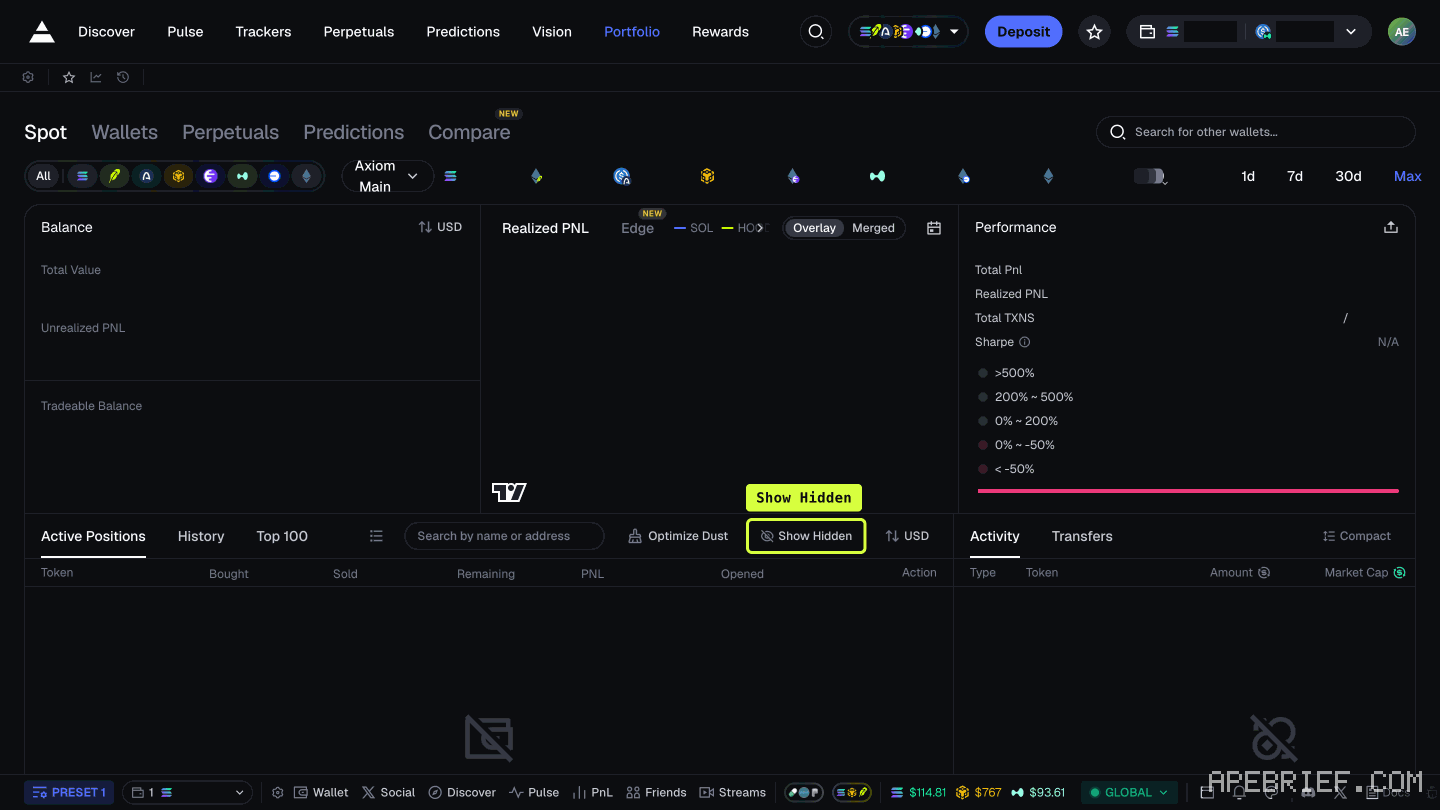 Axiom's Spot portfolio, callout on Show Hidden above Active Positions, with the Activity panel to the right.