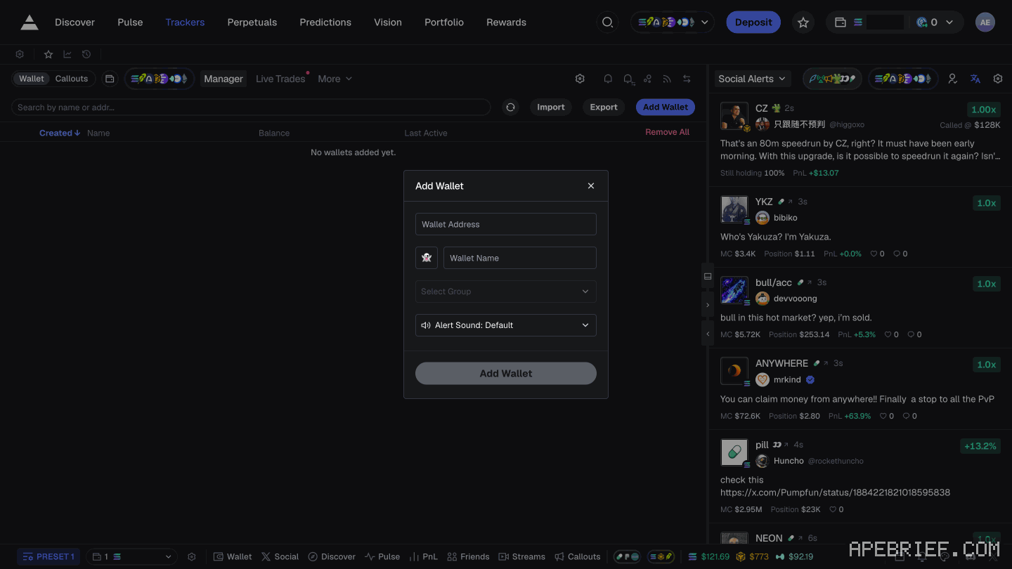 Axiom's Wallet Tracker on Manager with Import, Export and Add Wallet, and the empty Add Wallet window: Wallet Address, Wallet Name, Select Group and Alert Sound: Default. Balance masked.