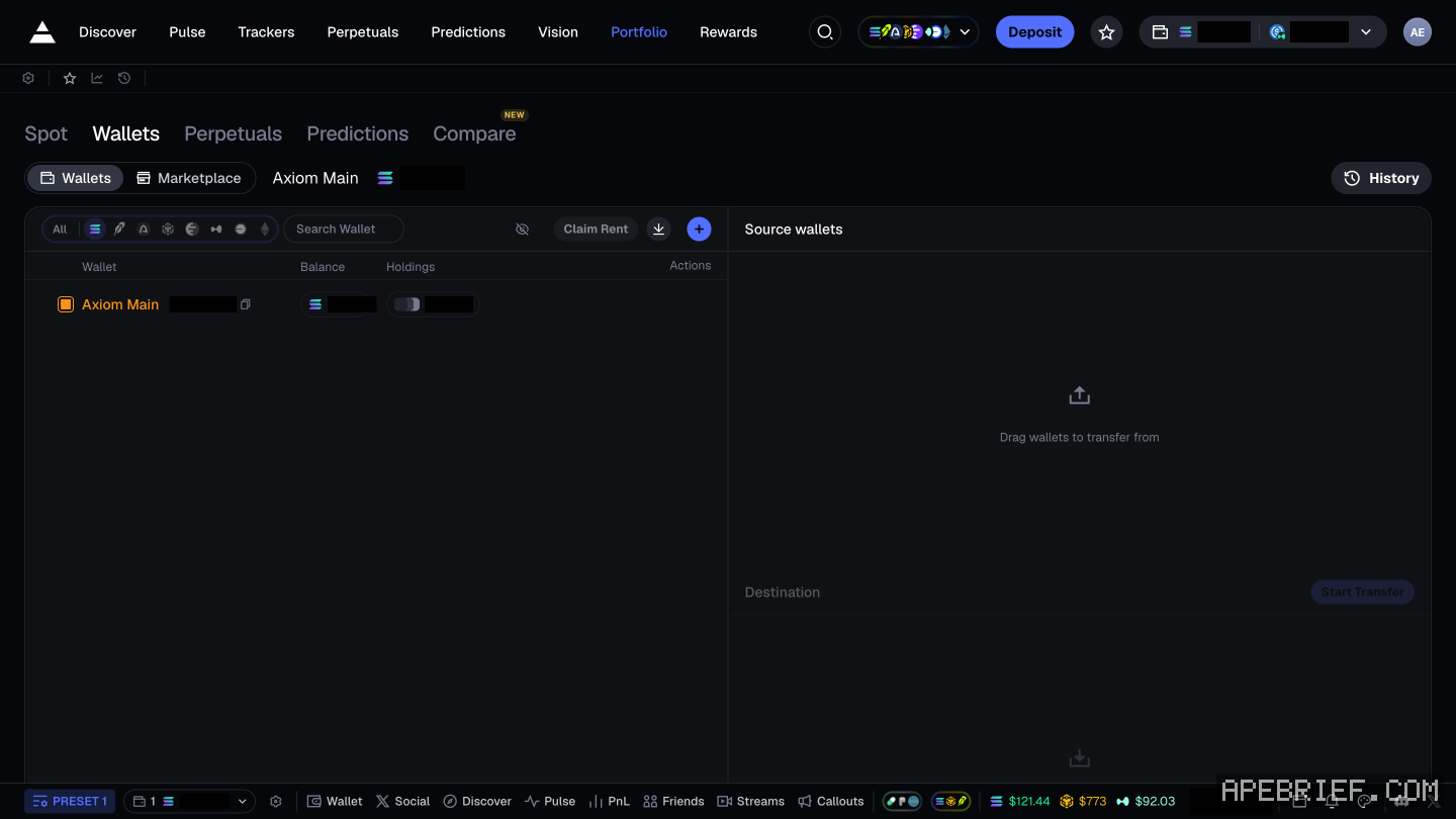 Axiom's Portfolio on the Wallets tab: Axiom Main in the wallet list with Claim Rent, import and add buttons, and the empty transfer panel with Source wallets, Destination and Start Transfer. Wallet and balances masked.