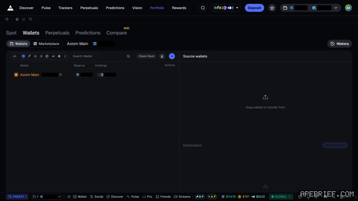 Axiom's Wallets tab: one wallet with Claim Rent, import and add buttons, beside a Source wallets to Destination transfer panel.