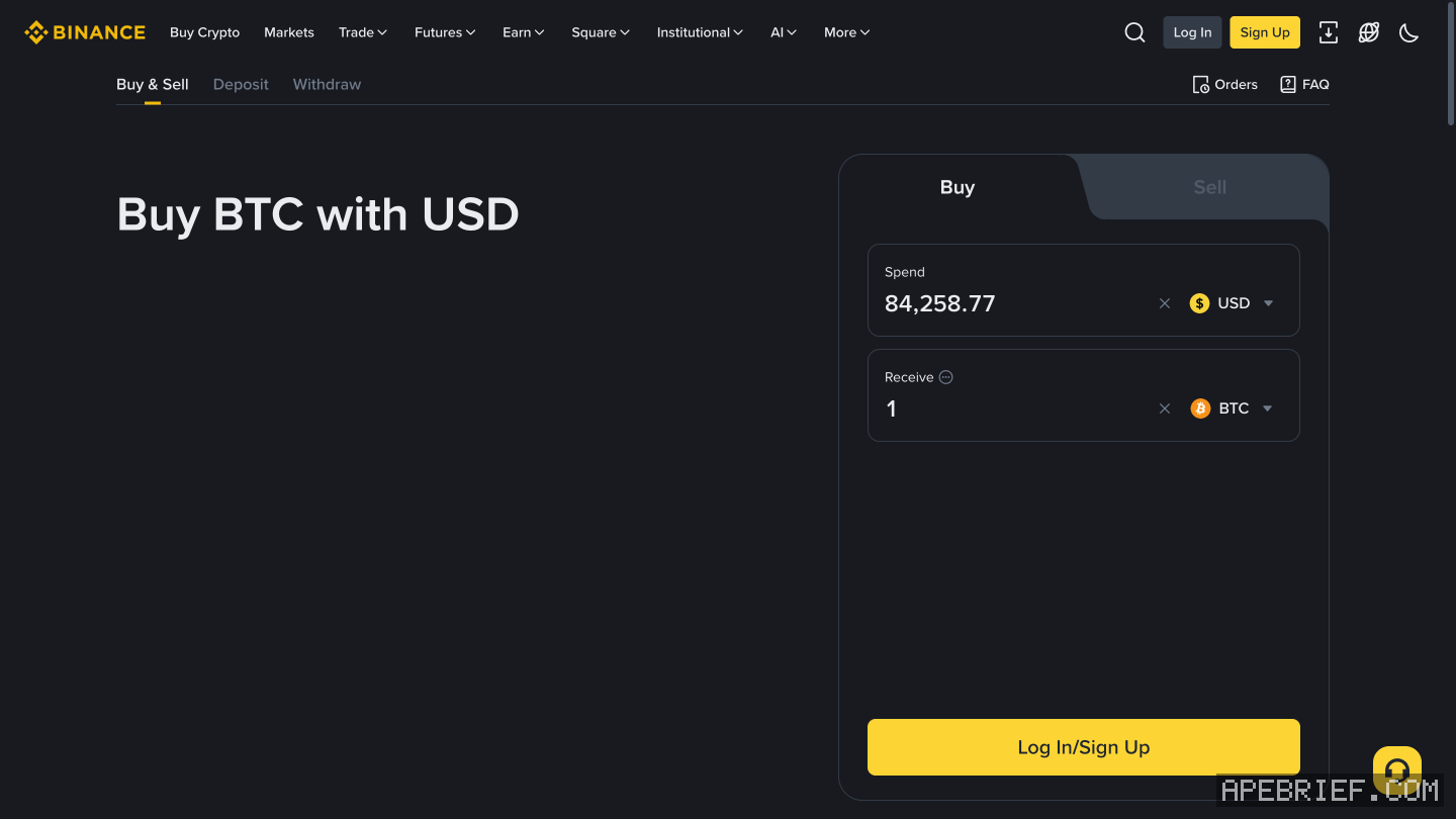 Binance's Buy Crypto page logged out, headed Buy BTC with USD: Spend 84,258.77 USD to Receive 1 BTC, and a Log In/Sign Up button where the buy button would be.