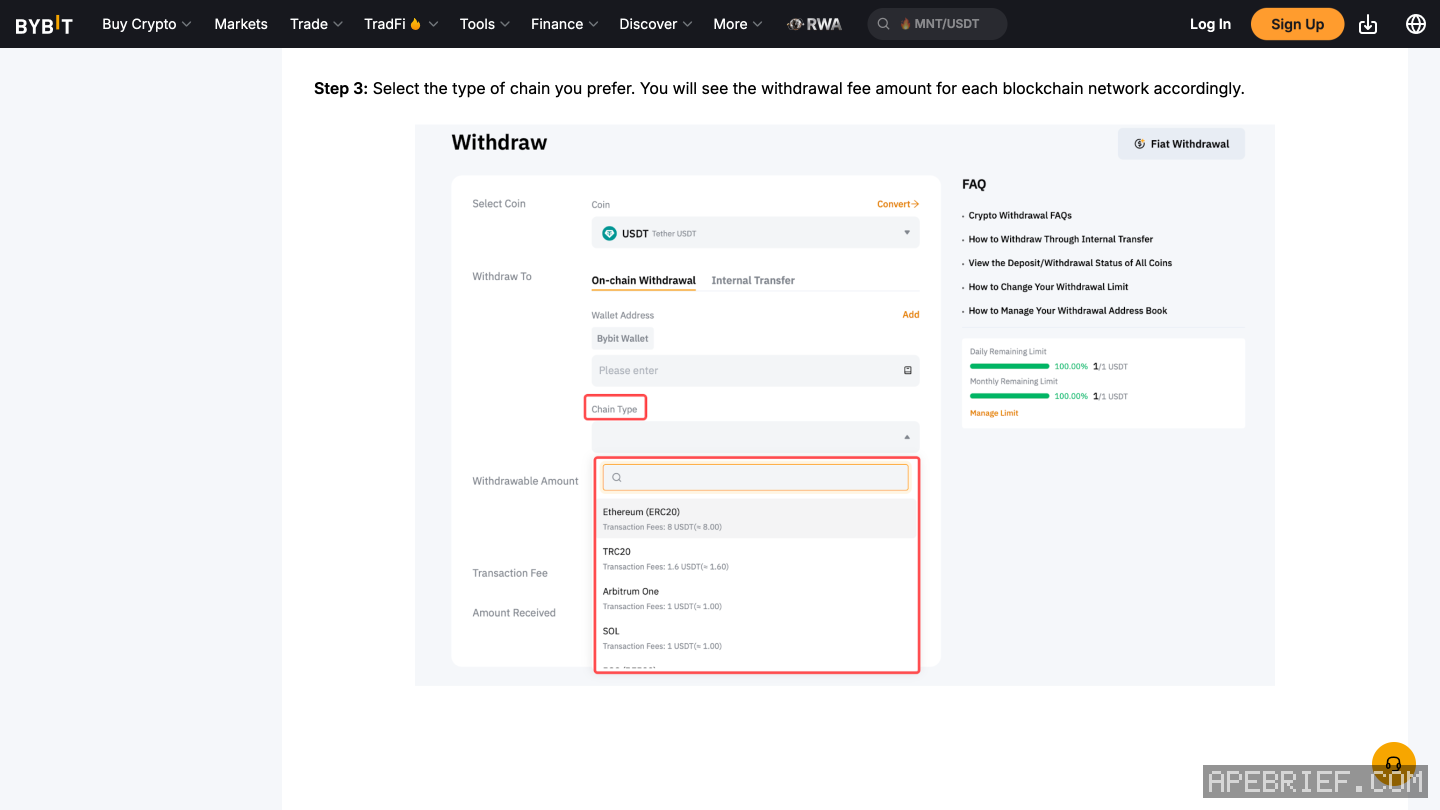 Bybit's help article on on-chain withdrawal at Step 3: its Withdraw page figure with Chain Type boxed in red and a transaction fee under each chain, SOL at 1 USDT for USDT.