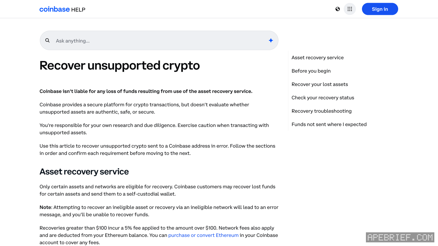 Coinbase's Recover unsupported crypto help article at Asset recovery service: recoveries over $100 pay 5% on the amount above $100, plus network fees taken from your Ethereum balance.