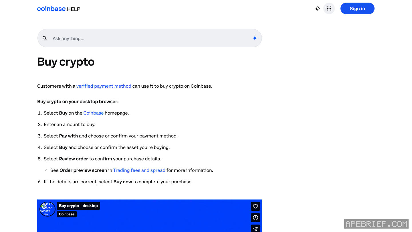 Coinbase's Buy crypto help article with the six desktop steps: Buy, enter an amount, Pay with, Buy again for the asset, Review order, then Buy now.