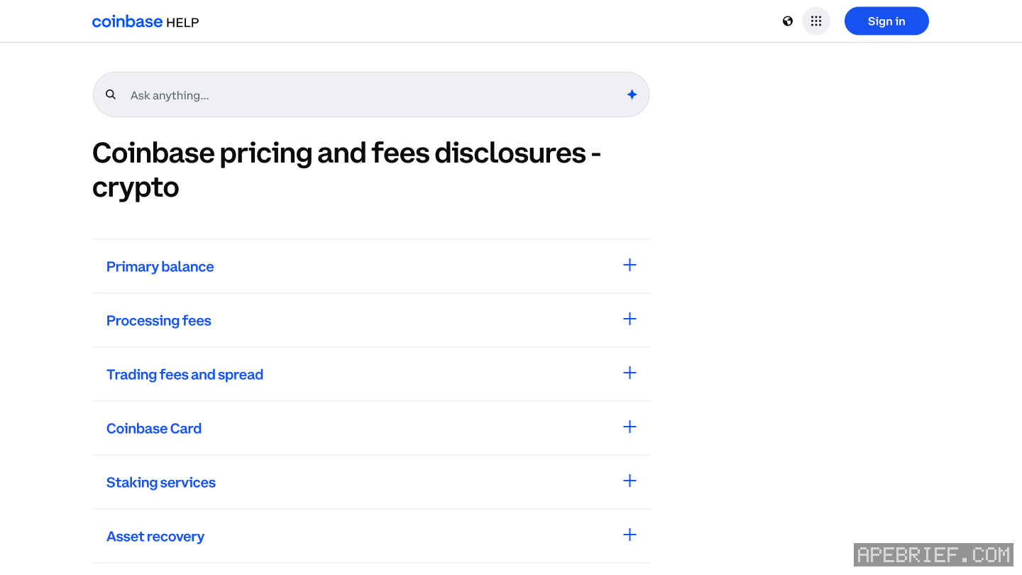 Coinbase's pricing and fees disclosures for crypto with every section collapsed: Primary balance, Processing fees, Trading fees and spread, Coinbase Card, Staking services and Asset recovery.
