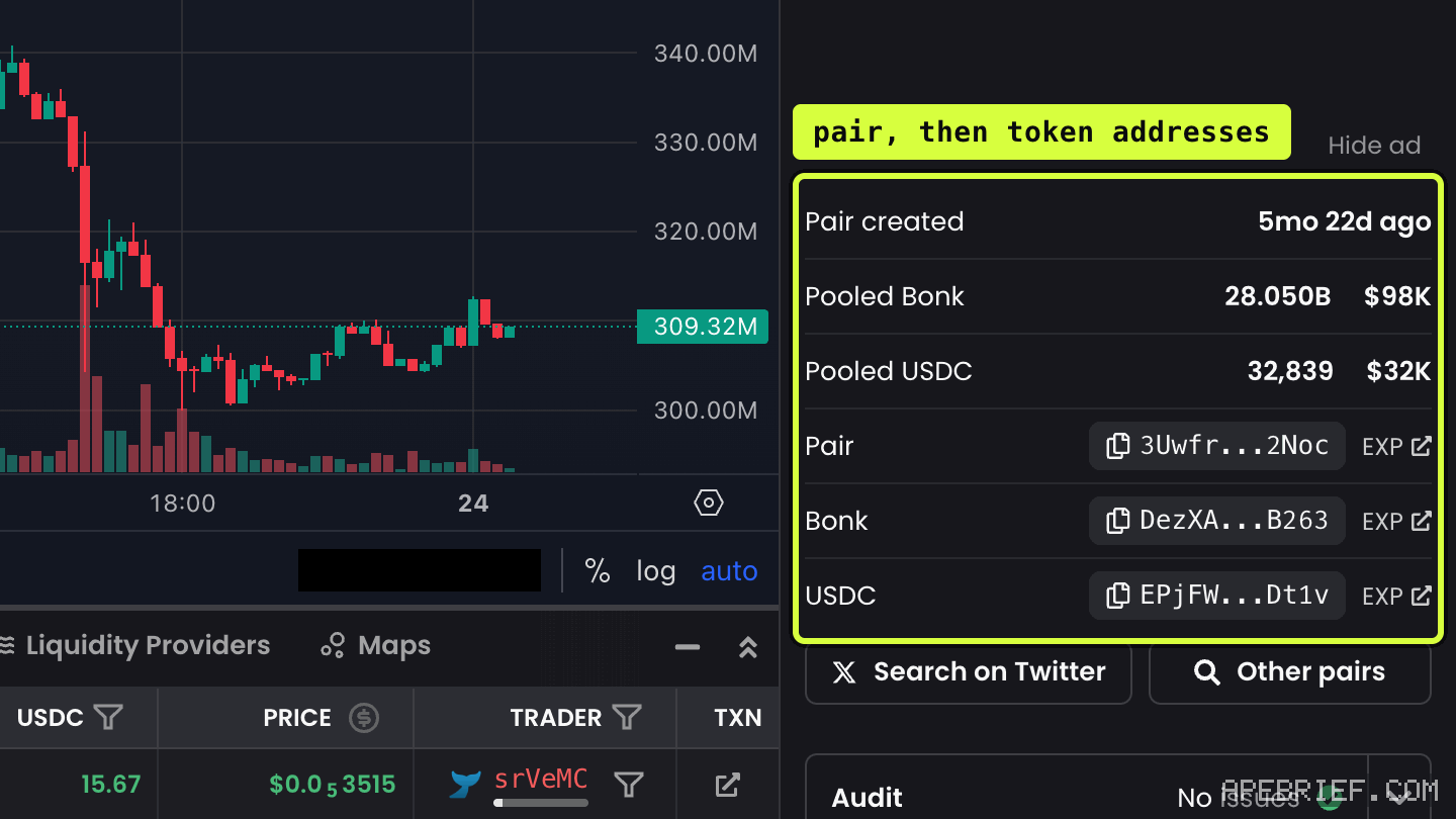 DEX Screener's pair info, callout on the Pair address row and, under it, the Bonk and USDC token addresses, each with a copy button.