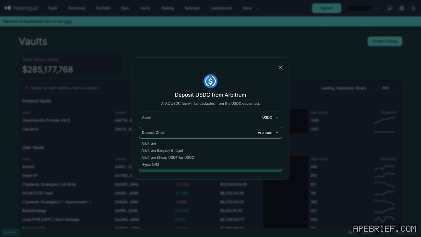 Hyperliquid's Deposit window opened from the Vaults page, USDC picked, with the Deposit Chain list open: Arbitrum, Arbitrum (Legacy Bridge), Arbitrum (Swap USDT for USDC) and HyperEVM. Our wallet and deposits masked.