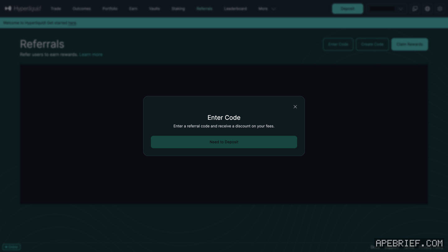 Hyperliquid's Referrals page with the Enter Code window open: Enter a referral code and receive a discount on your fees, and a single button, Need to Deposit. Wallet and reward amounts masked.