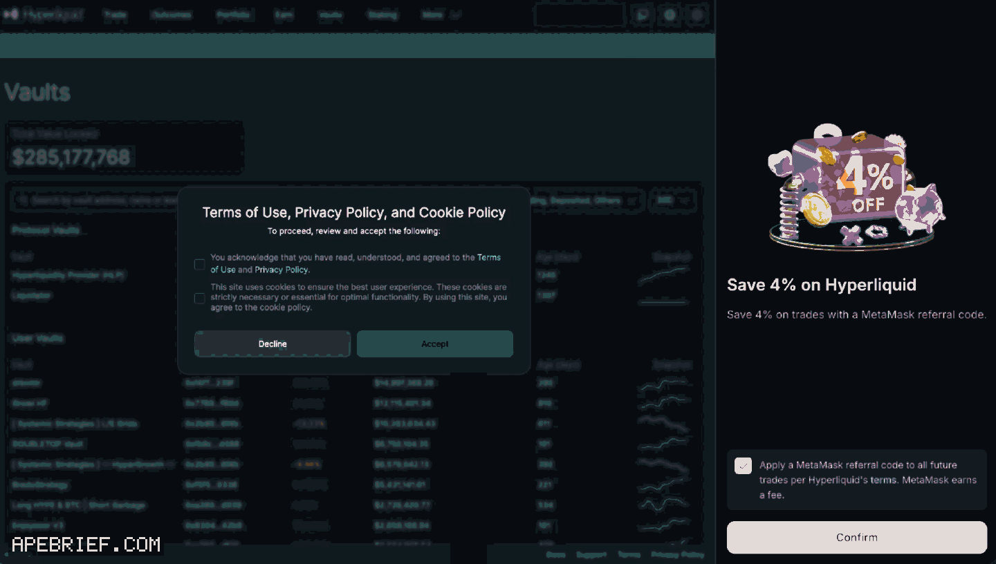 Right after connecting MetaMask to Hyperliquid: MetaMask's side panel reads Save 4% on Hyperliquid, with Apply a MetaMask referral code to all future trades already ticked above Confirm, beside Hyperliquid's terms window. Wallet masked.