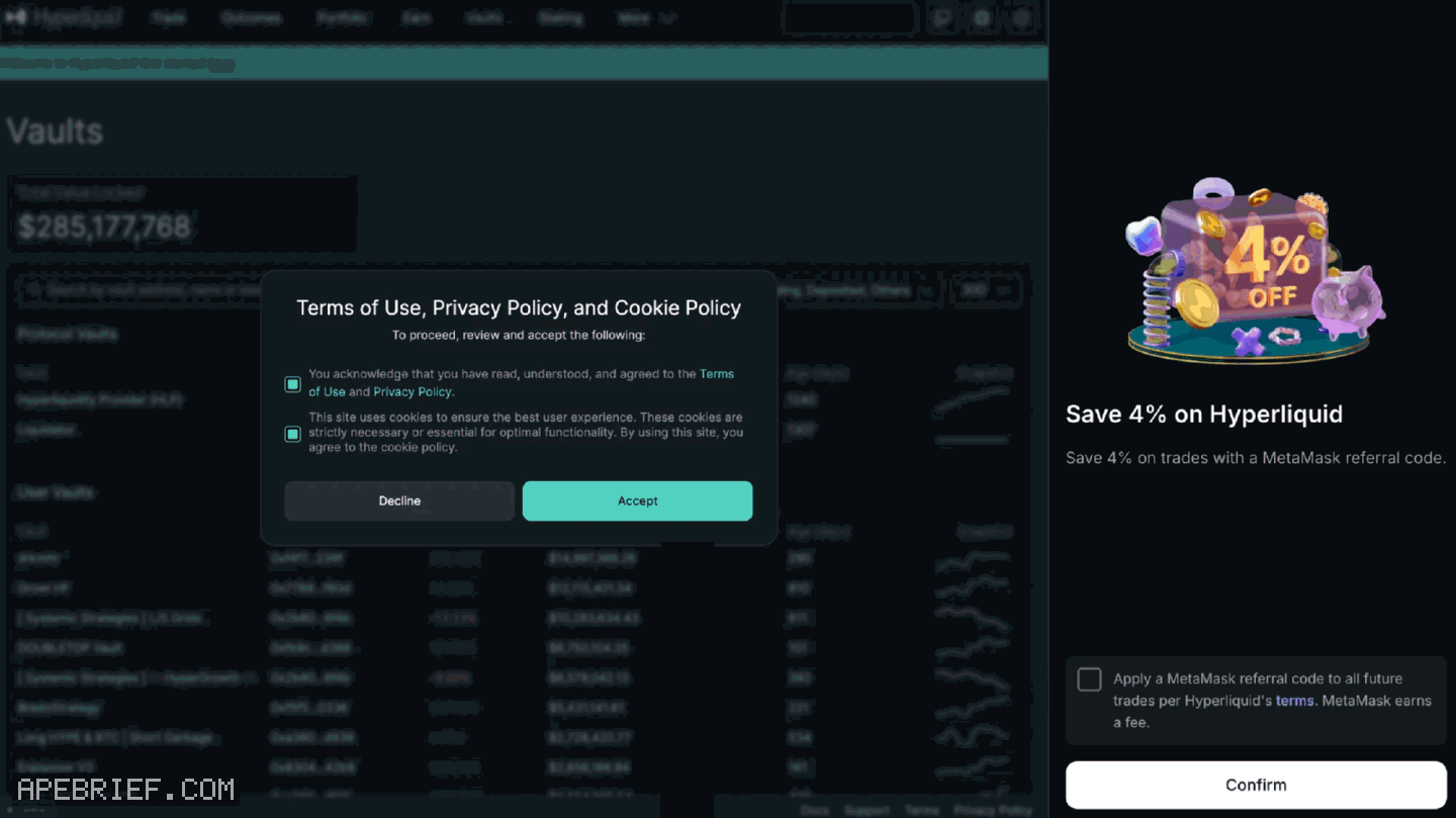 The same MetaMask panel with Apply a MetaMask referral code to all future trades unticked, Confirm still below it, and Hyperliquid's terms boxes ticked. Wallet masked.