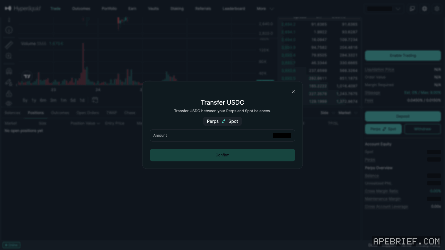 Hyperliquid's Transfer USDC window: Transfer USDC between your Perps and Spot balances, the Perps and Spot switch, an empty Amount and Confirm. Wallet and balances masked.