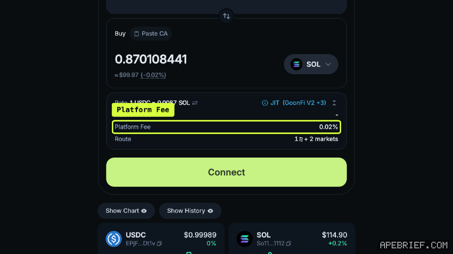 Jupiter's swap panel quoting 100 USDC for SOL, logged out, rate details open, callout on the Platform Fee line at 0.02%.