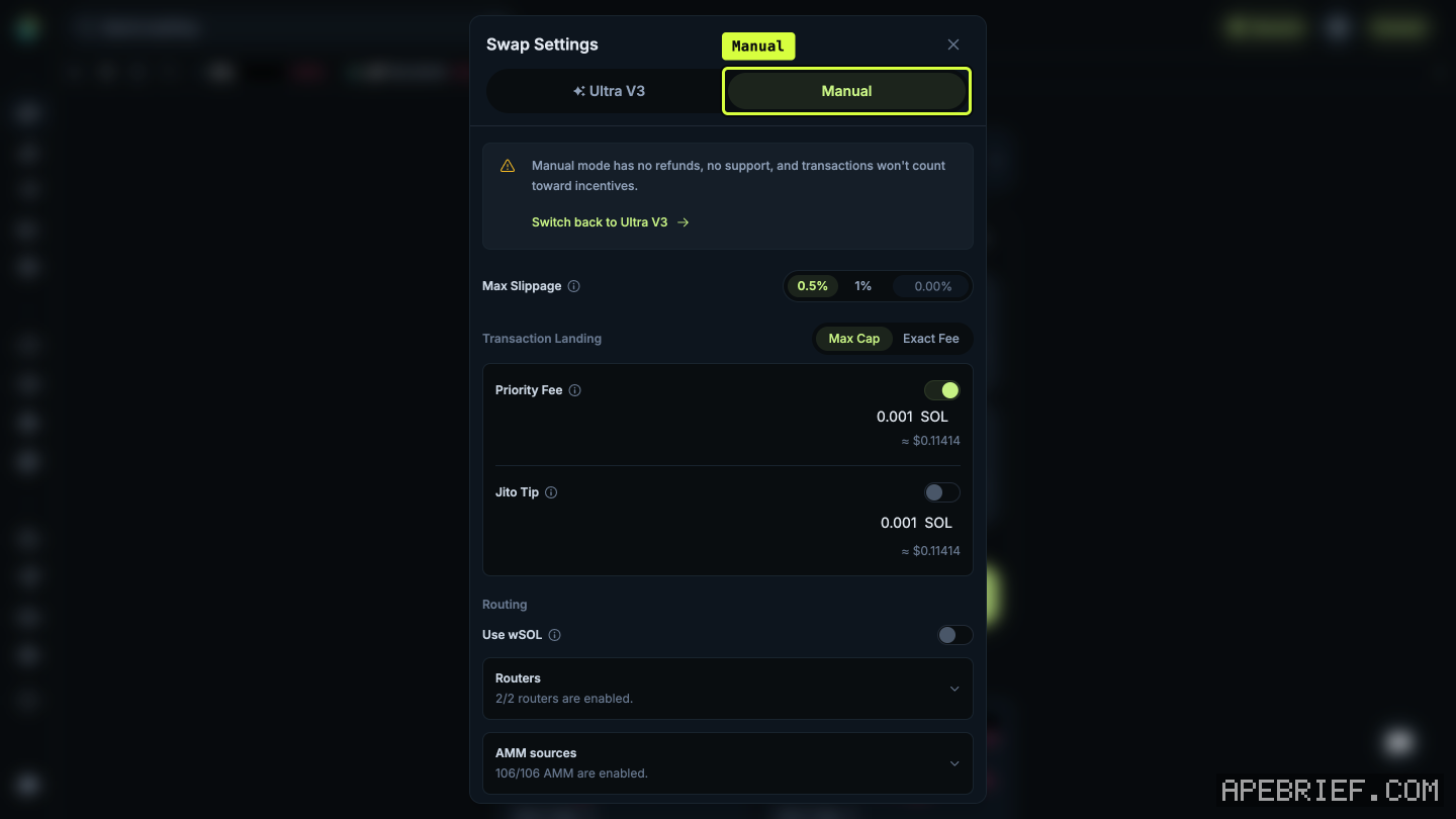 Jupiter's Swap Settings on Manual: the no-refunds banner, Max Slippage, Priority Fee and Jito Tip at 0.001 SOL, and routing.