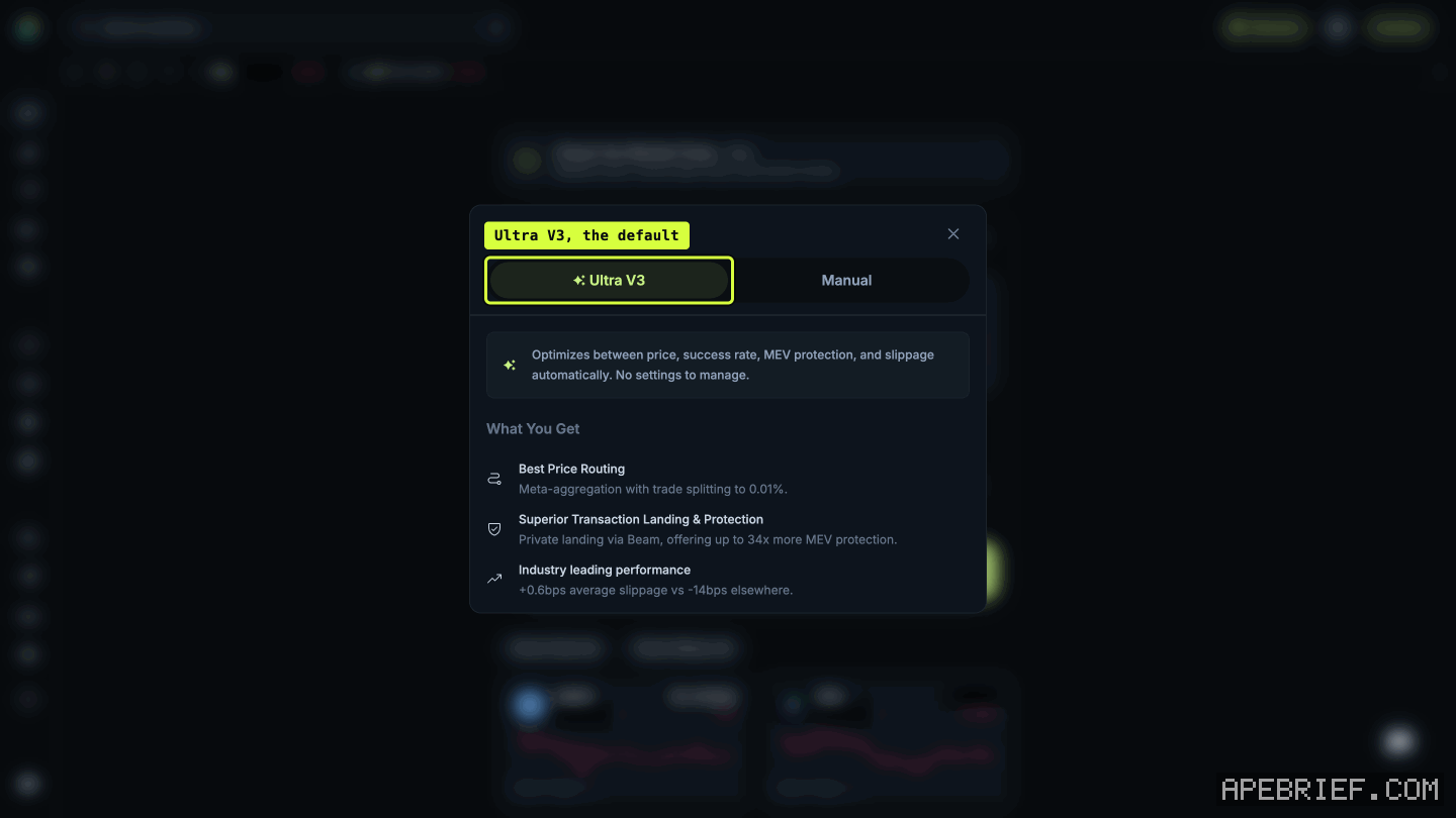 Jupiter's Swap Settings, logged out, callout on the Ultra V3 tab, the default, which says it has no settings to manage.