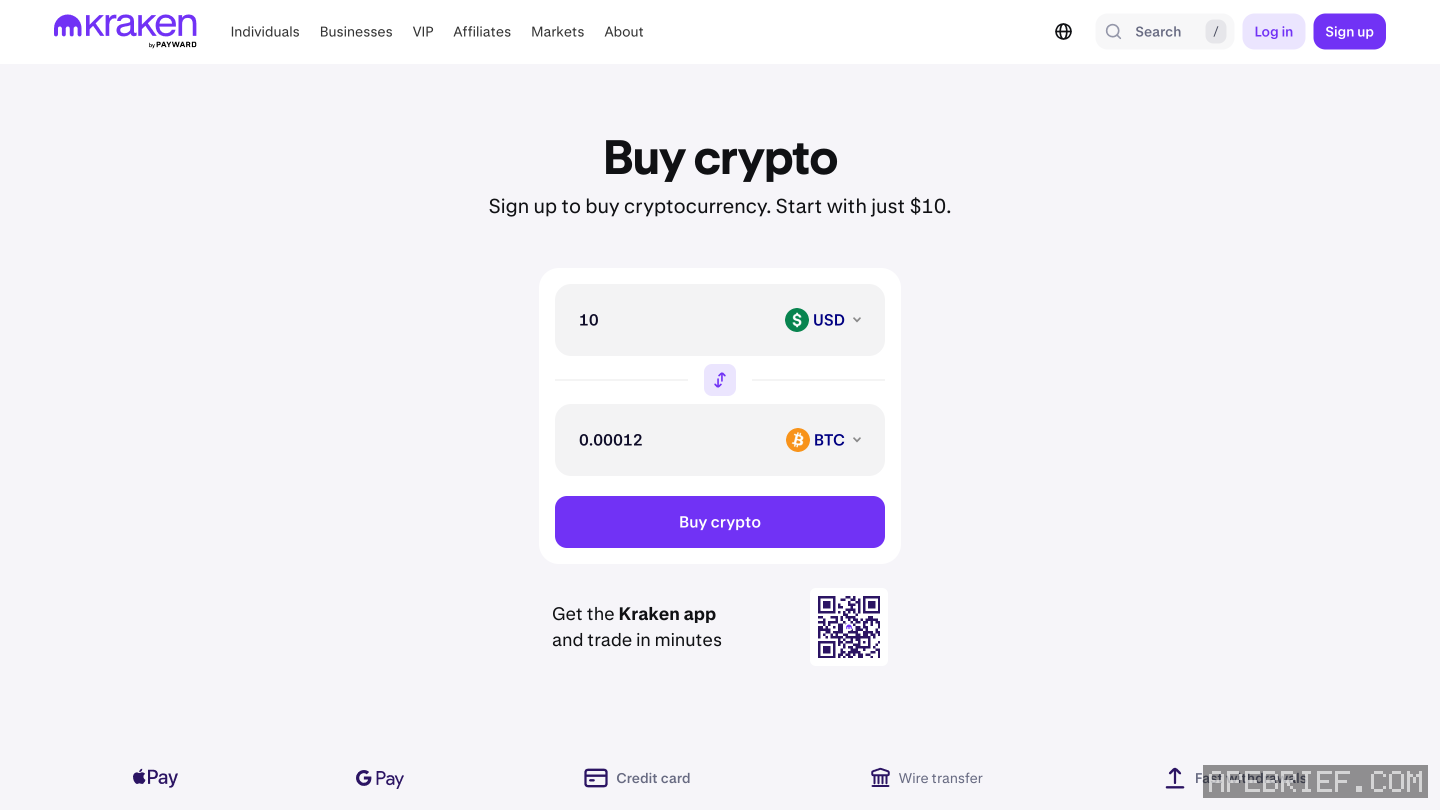 Kraken's Buy crypto page logged out: 10 USD to 0.00012 BTC, a Buy crypto button, and Apple Pay, G Pay, Credit card and Wire transfer along the bottom.