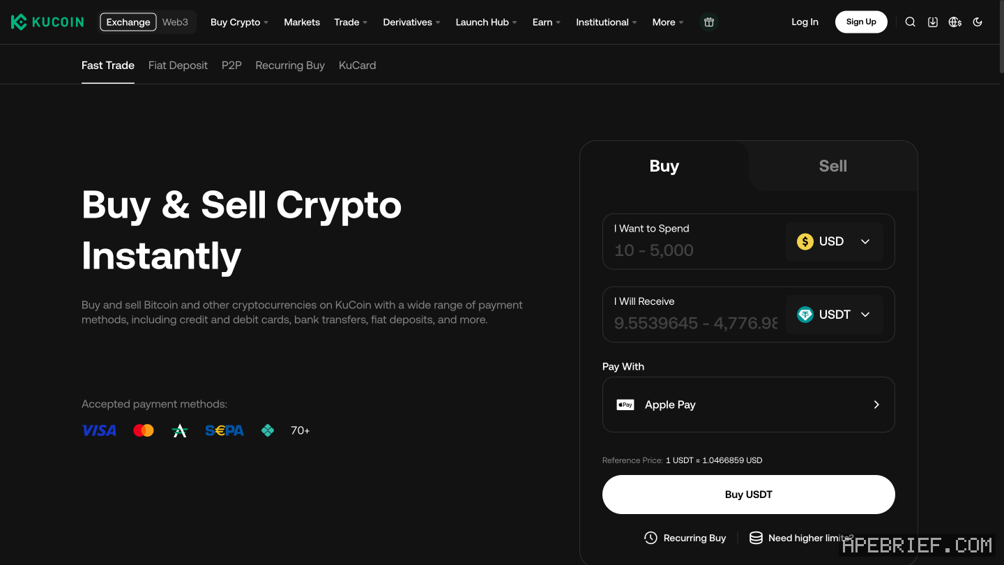 KuCoin's Fast Trade page logged out: I Want to Spend 10 - 5,000 USD, I Will Receive USDT, Pay With Apple Pay, a Buy USDT button, and the accepted payment methods with 70+.