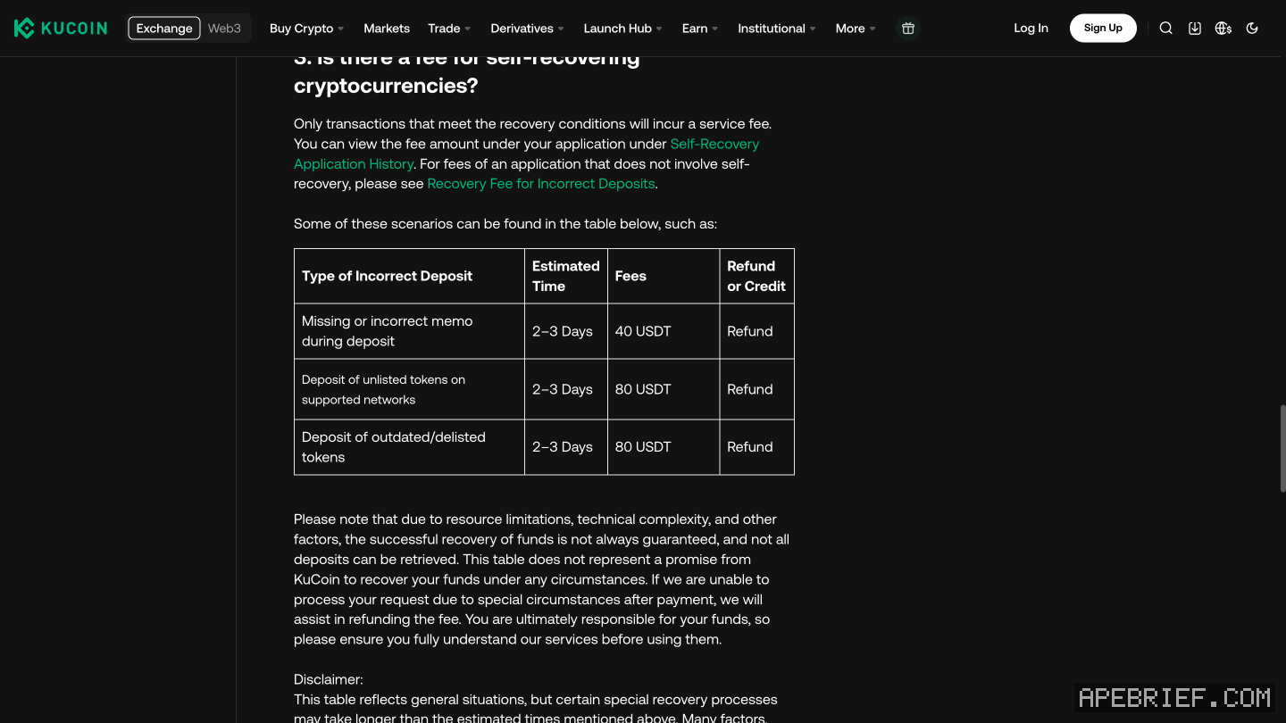 KuCoin's self-recovery fee table: missing or incorrect memo 40 USDT, unlisted tokens on supported networks 80 USDT and outdated or delisted tokens 80 USDT, each 2–3 Days and a Refund.