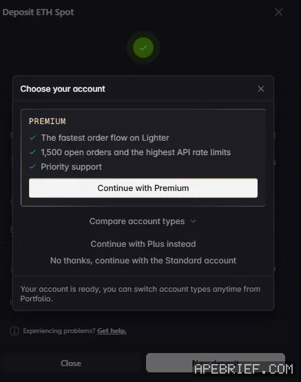 Lighter's Choose your account window after a first deposit: a Premium card with Continue with Premium, then Compare account types, Continue with Plus instead and No thanks, continue with the Standard account.