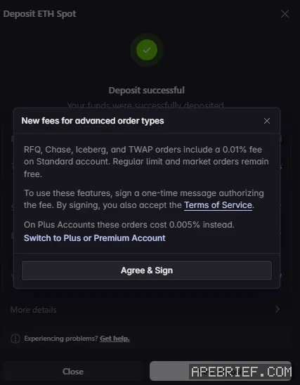 Lighter's one-time New fees for advanced order types window: RFQ, Chase, Iceberg and TWAP orders include a 0.01% fee on Standard account, regular limit and market orders remain free, 0.005% on Plus Accounts, and Agree & Sign.