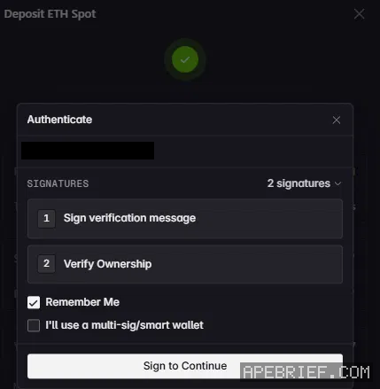Lighter's Authenticate window over Deposit successful, after a first ETH deposit: 2 signatures, Sign verification message and Verify Ownership, Remember Me ticked, I'll use a multi-sig/smart wallet unticked, and Sign to Continue. Wallet masked.
