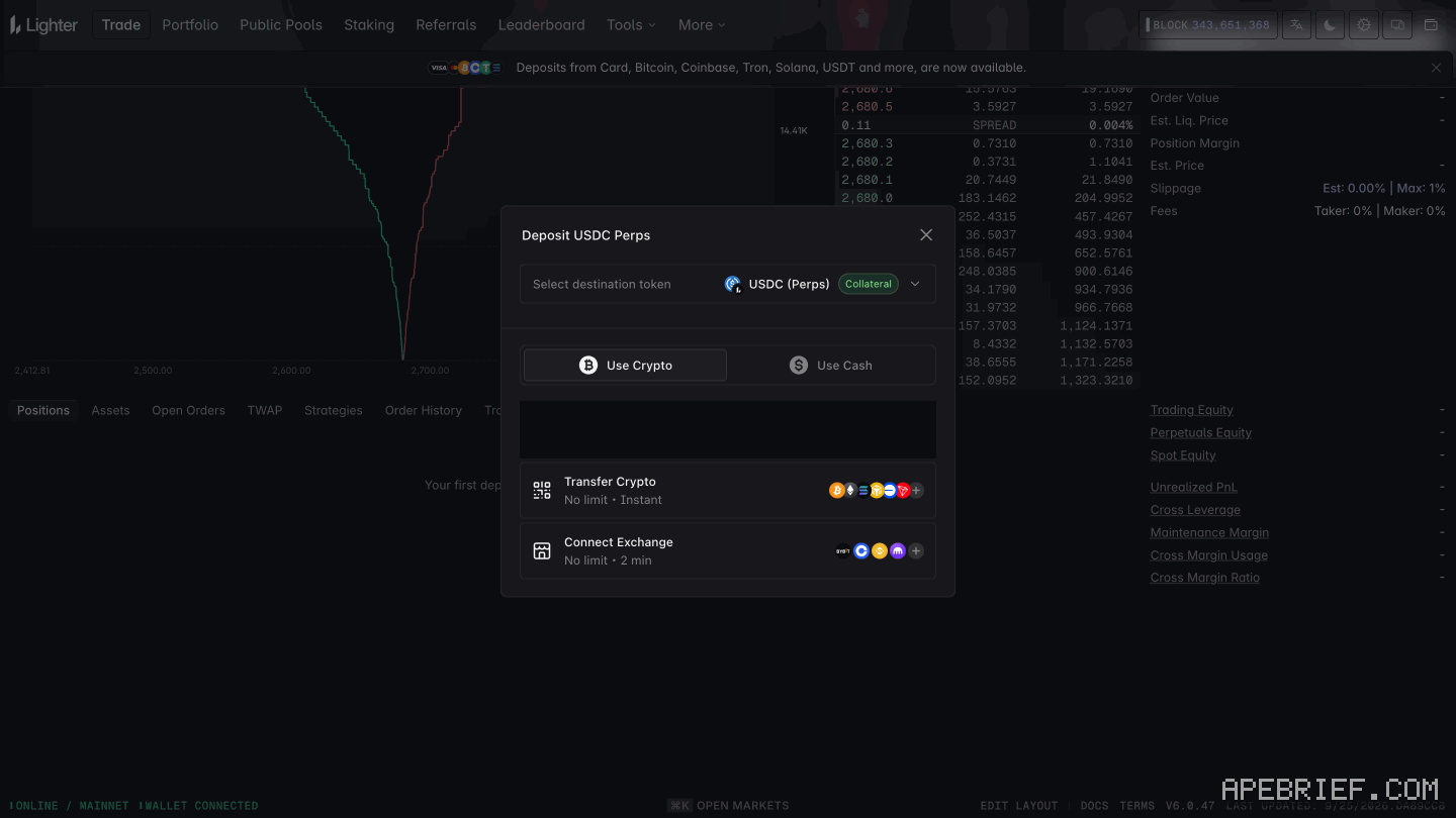 Lighter's Deposit USDC Perps window over the ETH Trade page: Select destination token set to USDC (Perps), Collateral; Use Crypto and Use Cash tabs; Transfer Crypto, No limit, Instant, and Connect Exchange, No limit, 2 min. Our Wallet row masked.