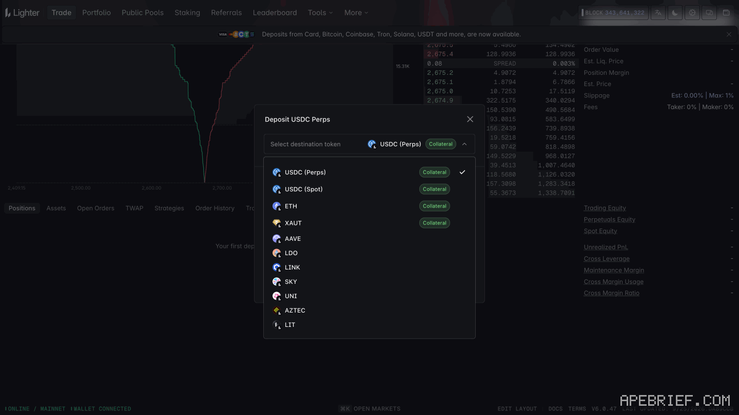 Lighter's Deposit window with Select destination token open: USDC (Perps), USDC (Spot), ETH and XAUT tagged Collateral, then AAVE, LDO, LINK, SKY, UNI, AZTEC and LIT.