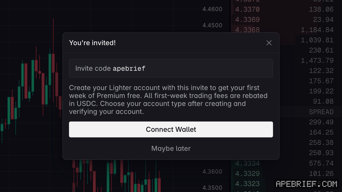 Lighter's You're invited! box from our link, logged out: Invite code apebrief, first week of Premium free with first-week trading fees rebated in USDC, Connect Wallet and Maybe later.