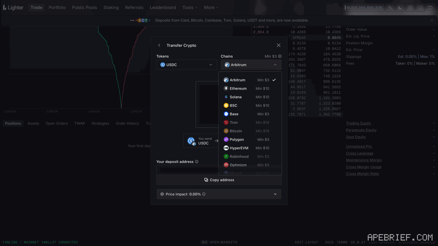 Lighter's Transfer Crypto window, USDC picked, with the Chains list open: Arbitrum Min $3, Ethereum Min $10, Solana Min $10, BSC Min $10, Base Min $3, Tron Min $10, Bitcoin Min $10, Polygon Min $3, HyperEVM Min $10, Robinhood Min $3, Optimism Min $3. Deposit address and QR code masked.