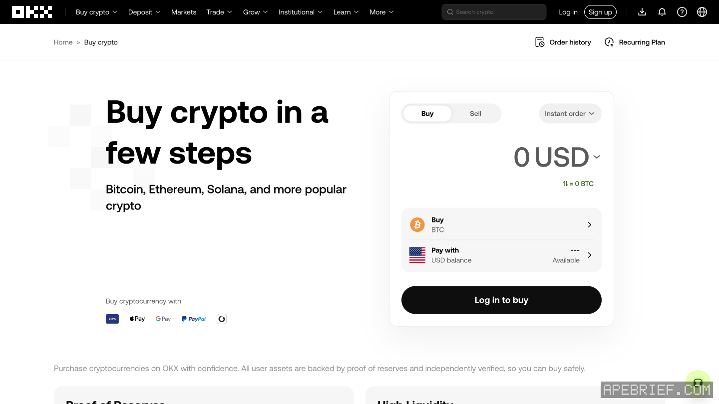 OKX's Buy crypto page logged out: Buy on Instant order, 0 USD for BTC, Pay with USD balance, Log in to buy, and SEPA, Apple Pay, Google Pay and PayPal under Buy cryptocurrency with.