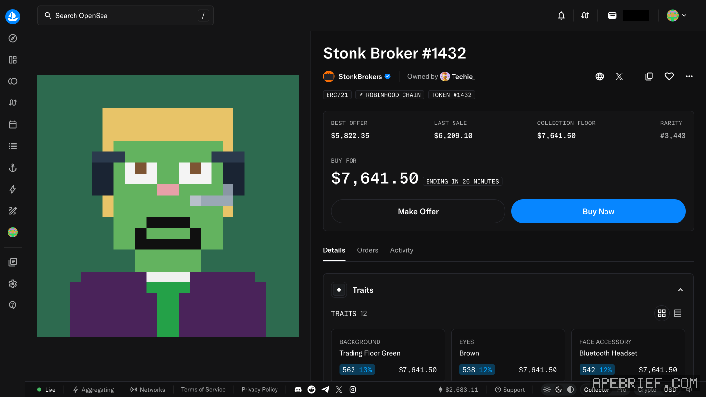 A listed StonkBrokers item on OpenSea with Buy Now and Make Offer both in view, nothing clicked. Wallet and balances masked, market prices left as they are.
