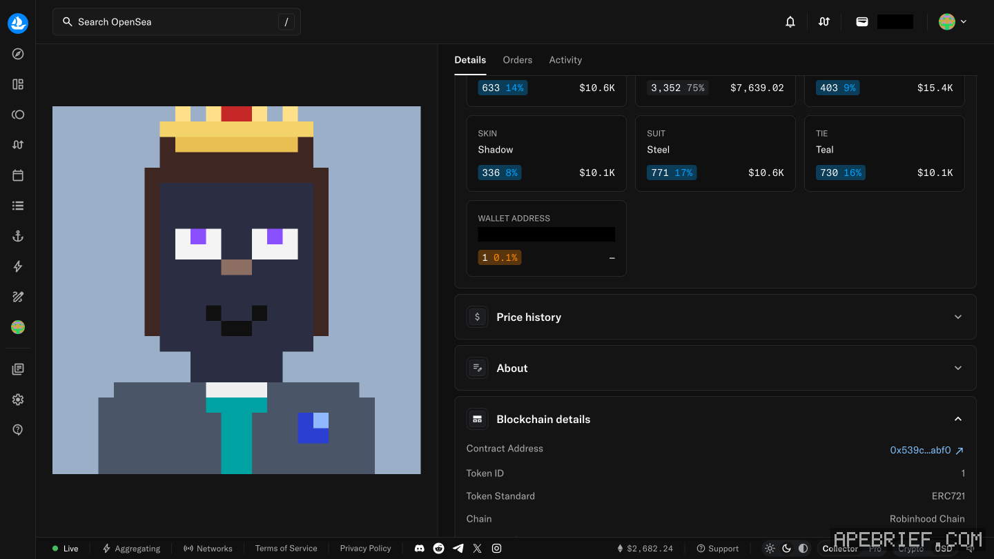 An OpenSea item page from the StonkBrokers collection, Details tab, Blockchain details open: the contract address, Token ID 1, Token Standard ERC721 and Chain Robinhood Chain. Wallet masked.