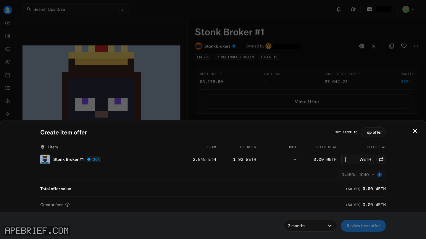OpenSea's Make offer window open on a StonkBrokers item, amount empty, nothing submitted. Wallet and balances masked.